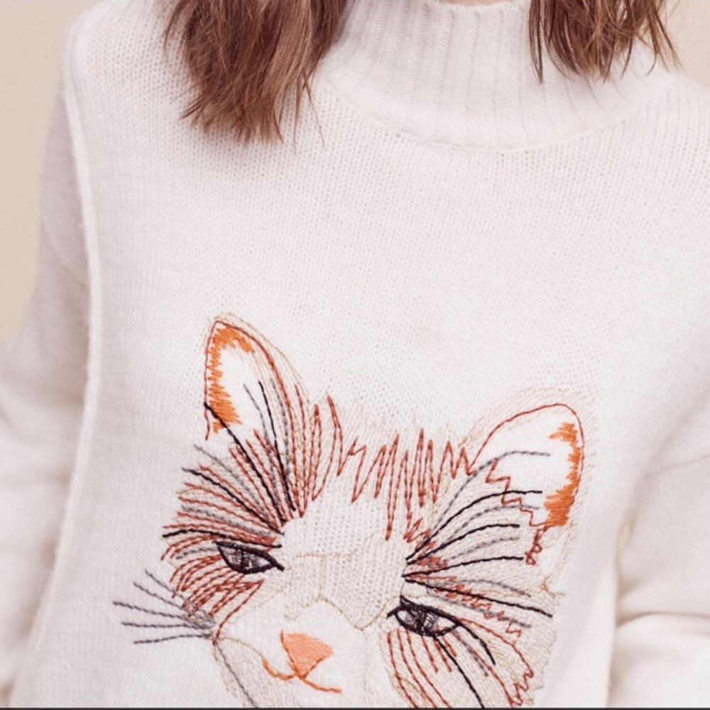 Anthropologie Cream Sweater with Cat Face Embroidery - Picture 2 of 8